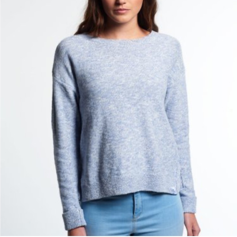 Superdry Icarus Knit Cotton Sweater in Cornflower Melange Cuffed Sleeve, Sz M